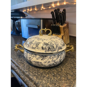 Vintage Rare TableTops Unlimited New England Toile Brass Enamel Pot